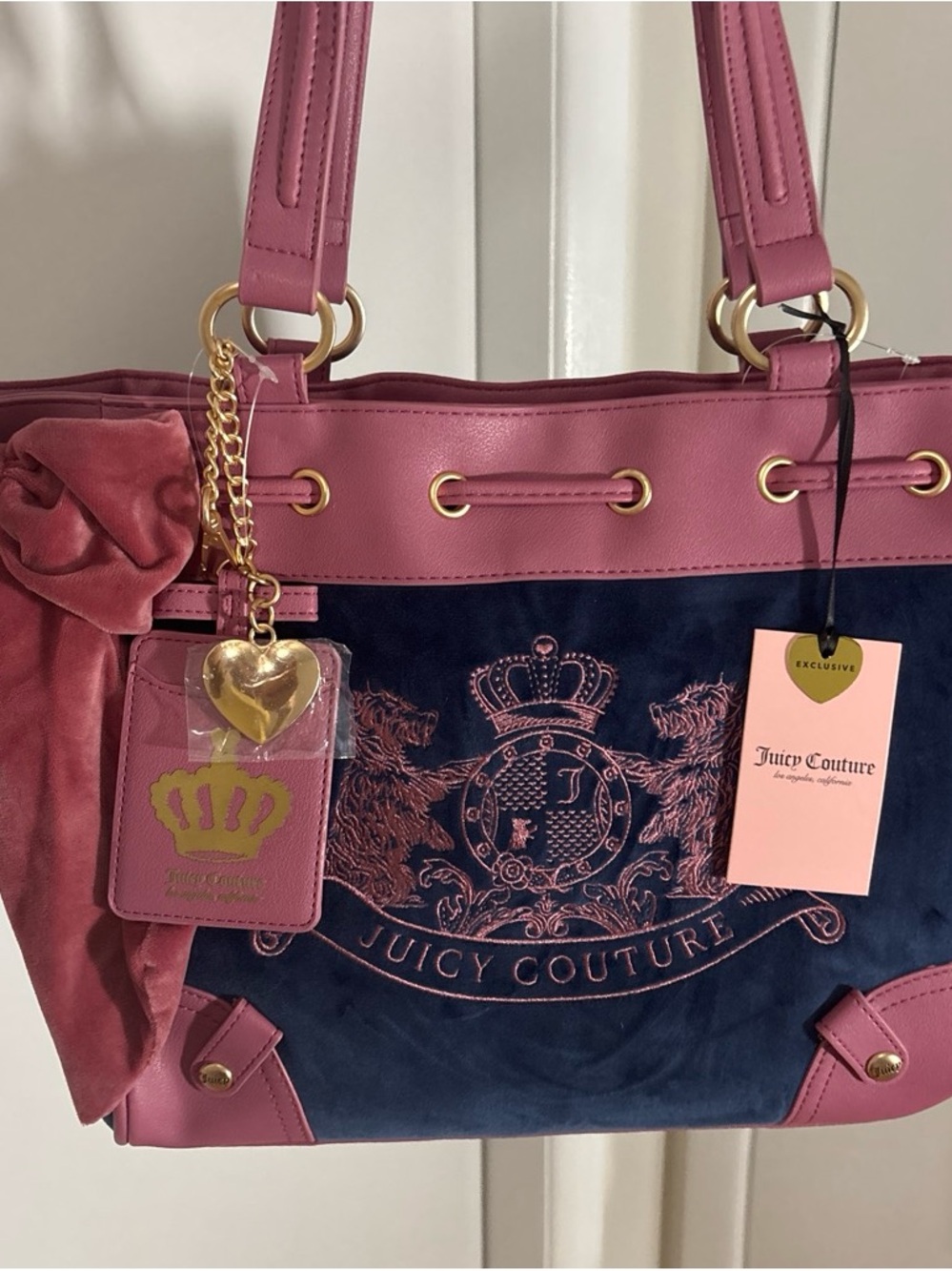 Juicy Couture Pink and Navy Velour Tote with Gold Accents